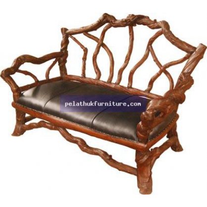 Indonesia Furniture Root Bench with Leather Seat