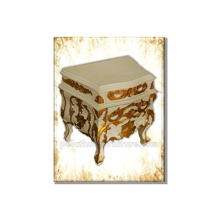 Rococo 3 Drawer Bedside White Gold Indonesia Furniture